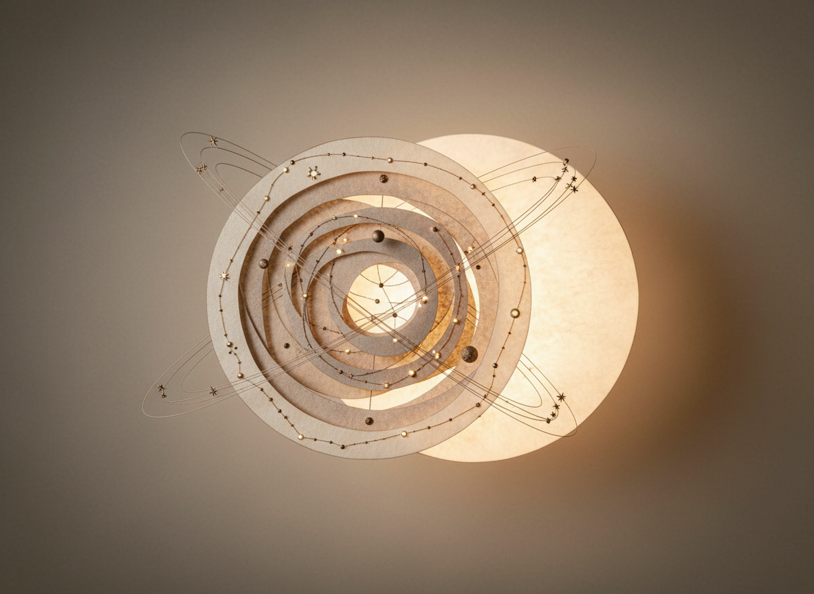 Abstrakte kosmische Sphäre mit feinen Umlaufbahnen in warmen Beige- und Bronzetönen