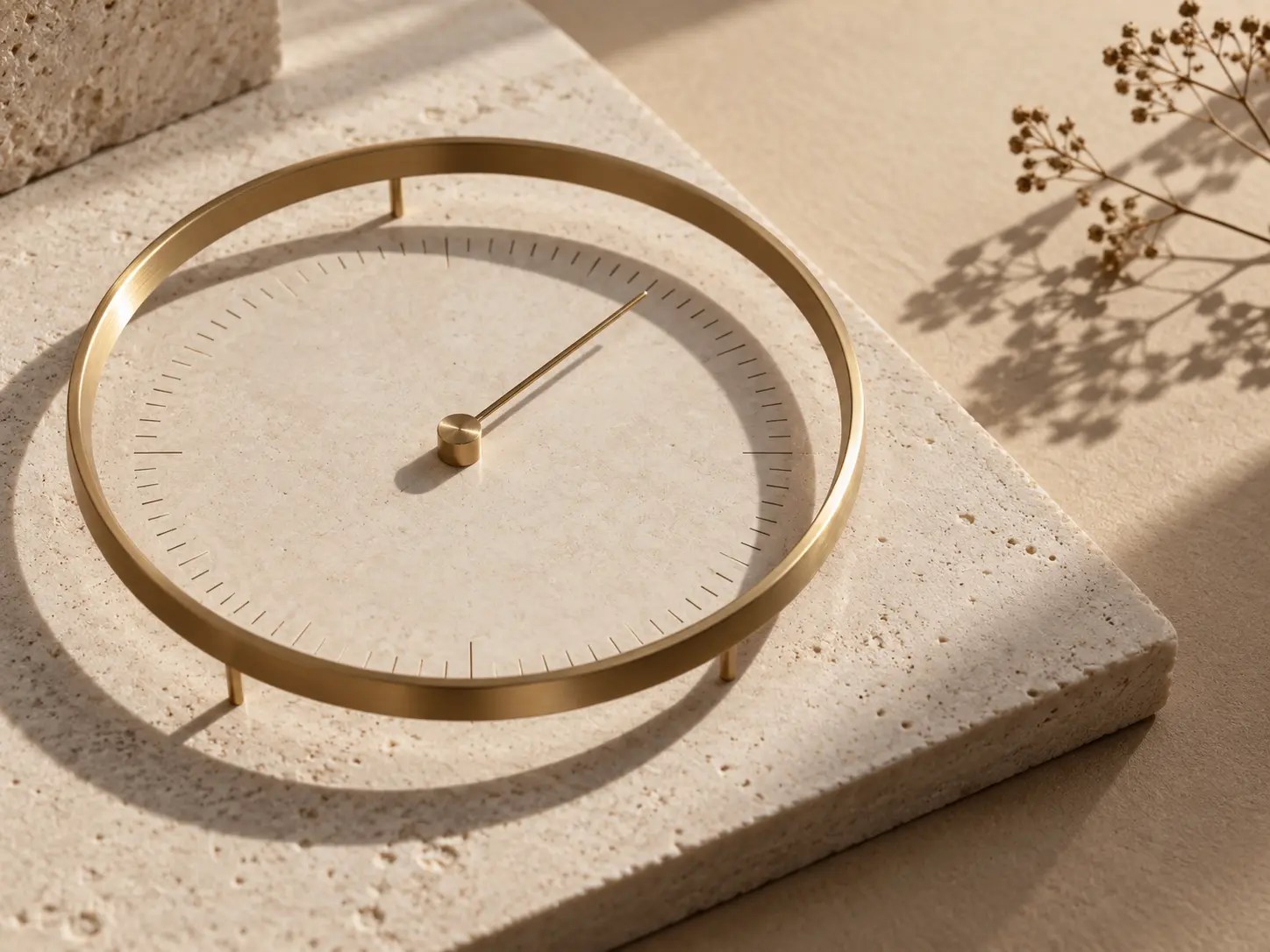 Minimalistisches Zeitinstrument aus Messing auf hellem Stein als Symbol für eine genaue Geburtszeit