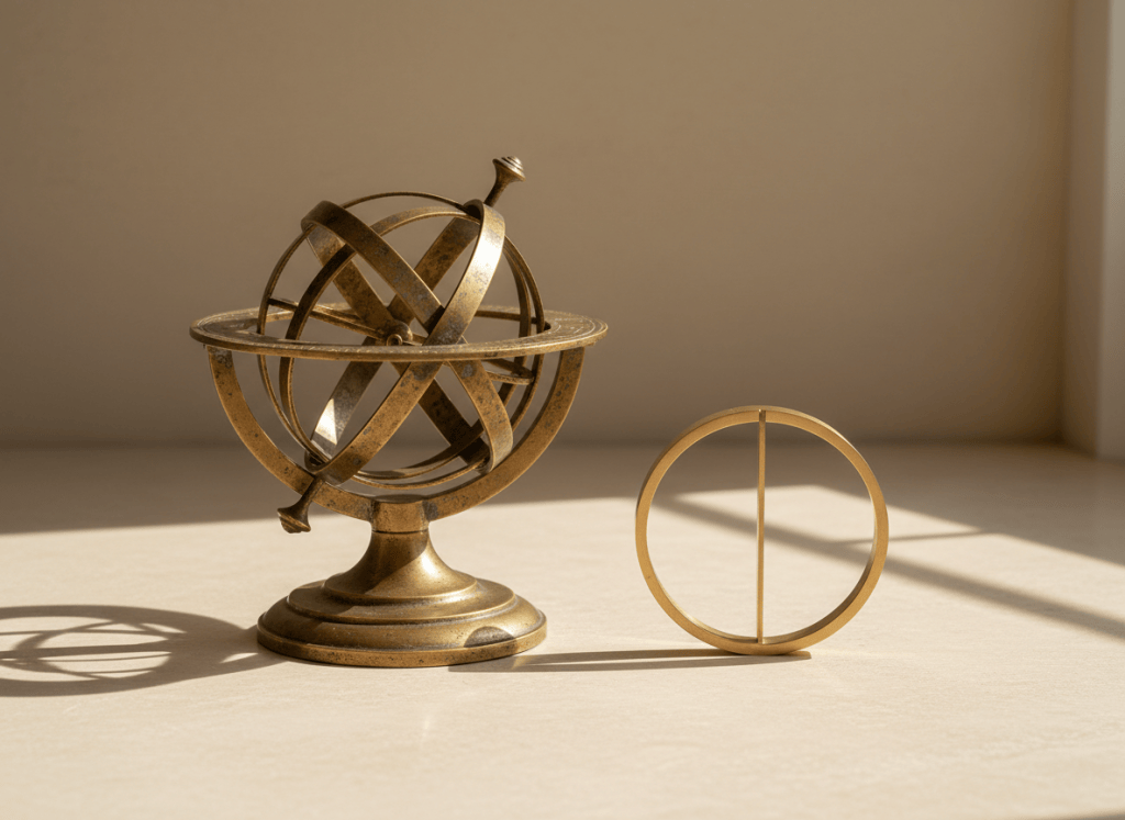 Eine klassische Armillarsphäre und ein schlichter moderner Messingring nebeneinander auf hellem Stein als Sinnbild für zwei astrologische Perspektiven